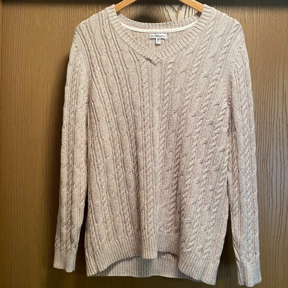 V-Neck Women's Cable Knit Sweater in Oatmeal- 100%‎ Cotton - XL- Gilmore Girls